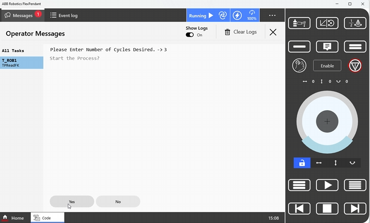 Operator communication on the FlexPendant , prompting for the number of cycles before starting.