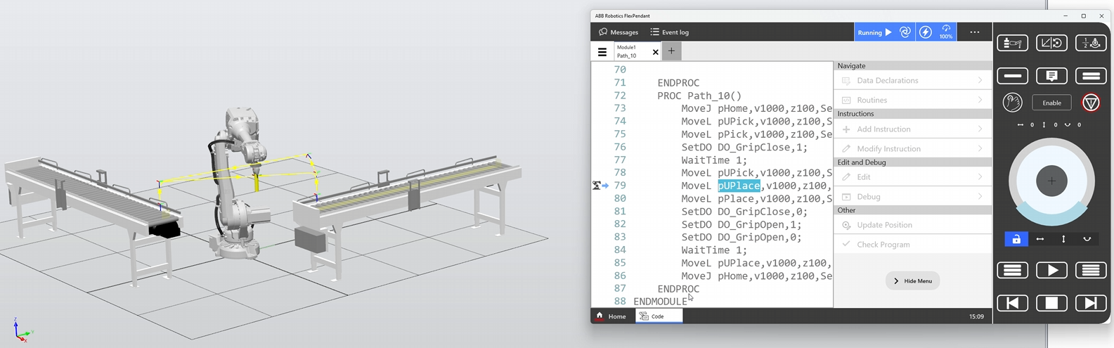 Simulation runthrough , RAPID path stepping through pick, gripper, and place instructions live.