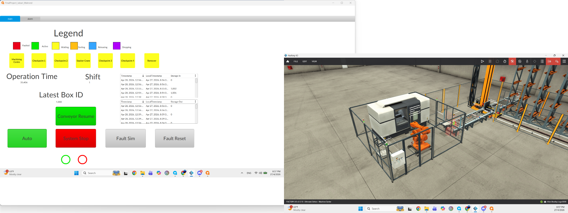 Live simulation: operator drives the cell from the OptixStudio HMI while Factory I/O renders the cycle in real time.